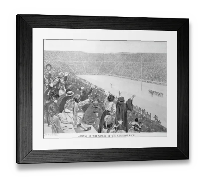 Framed Print : Arrival of the Winner of the Marathon Race by Andre Castaigne Framed Print : Arrival of the Winner of the Marathon Race by Andre Castaigne