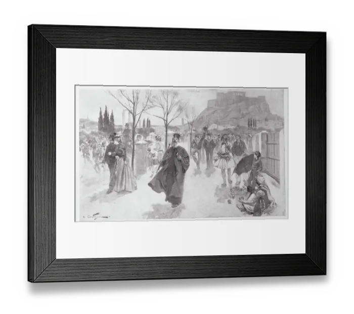Framed Print : Drawing of Townsfolk on Way to Olympic Events Framed Print : Drawing of Townsfolk on Way to Olympic Events