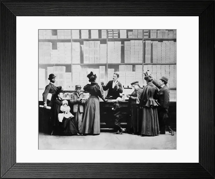 Framed Print : Drugstore Pharmacist and Customers