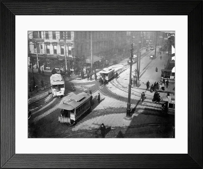 Framed Print : Horse Drawn Trolleys on Street Framed Print : Horse Drawn Trolleys on Street