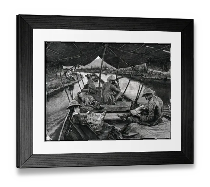 Framed Print : Engraving Of Men On Houseboat In India Framed Print : Engraving Of Men On Houseboat In India