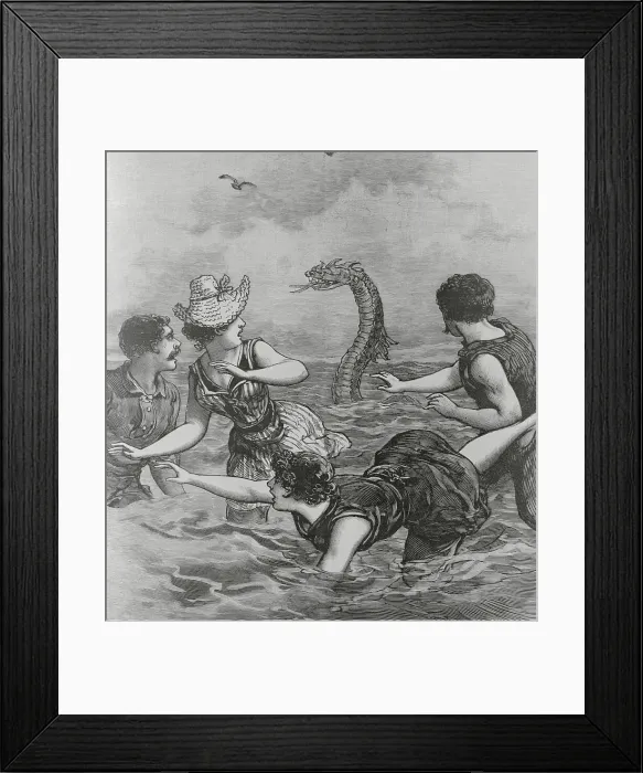 Framed Print : Cover with Beach Goers Aghast Due to Sea Reptile Framed Print : Cover with Beach Goers Aghast Due to Sea Reptile