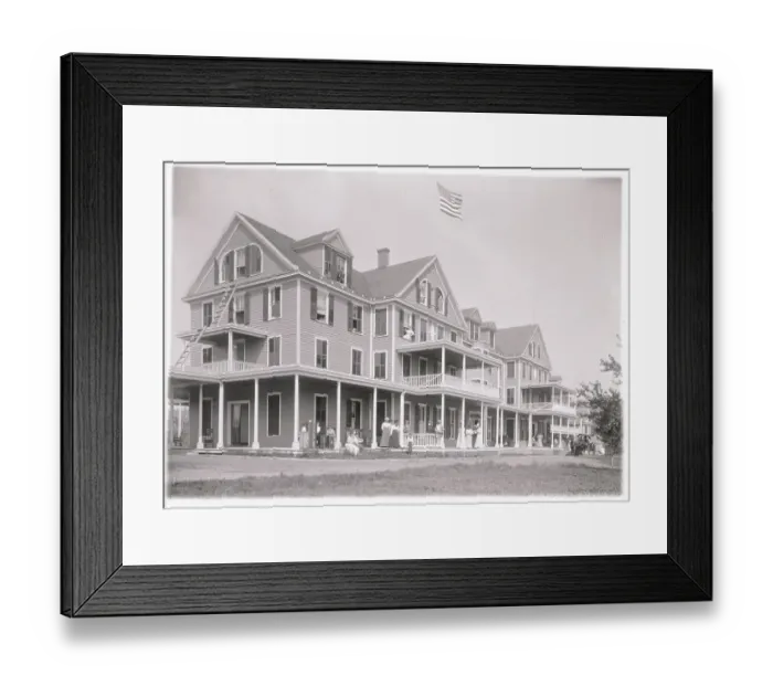 Framed Print : People on Exterior of Catskills Hotel with American Flag on Roof