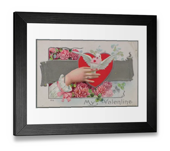 Framed Print : Young Woman's Hand Embracing Dove Carrying Valentine Greeting Framed Print : Young Woman's Hand Embracing Dove Carrying Valentine Greeting