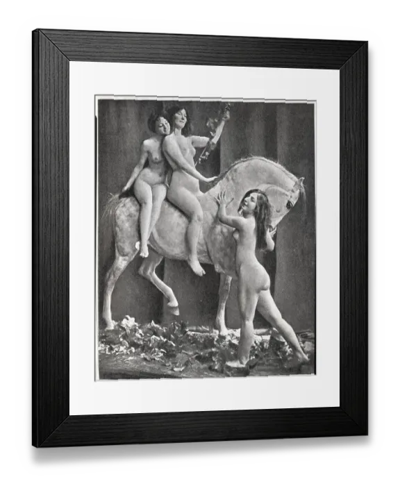 Framed Print : French Models Riding Paper Mache Horse Framed Print : French Models Riding Paper Mache Horse
