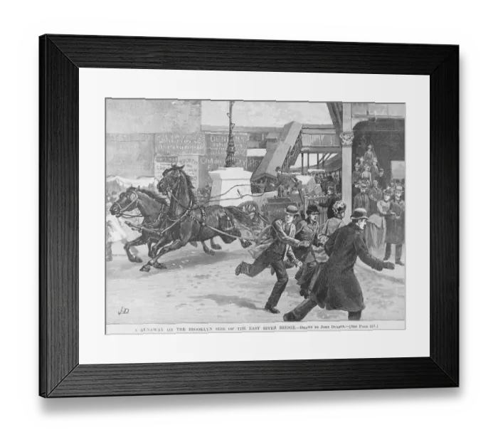 Framed Print : Citizens Escaping the Path of Runaway Horse Pulling Wagon Framed Print : Citizens Escaping the Path of Runaway Horse Pulling Wagon