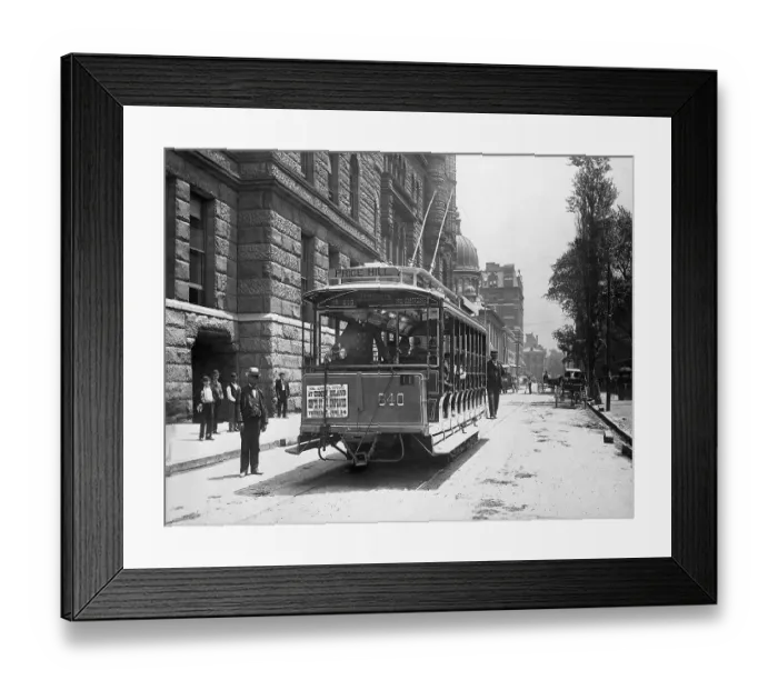 Framed Print : Electric Streetcar in Front of City Hall