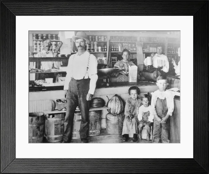 Framed Print : Customers Standing in Early American Store Framed Print : Customers Standing in Early American Store