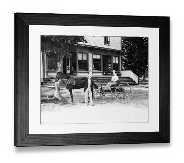 Framed Print : Woman In Light Wagon W / Horse; Photograph
