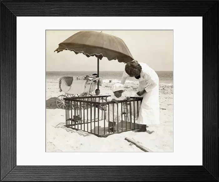 Framed Print : Mother with Toddler in Playpen on Beach Framed Print : Mother with Toddler in Playpen on Beach