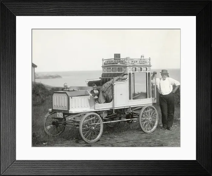 Framed Print : Portrait of Early Popcorn Vendor Next to His Automobile Framed Print : Portrait of Early Popcorn Vendor Next to His Automobile