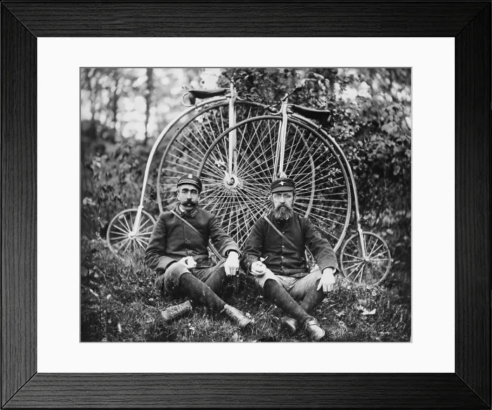 Framed Print : Early Bicyclists Taking a Break by Highwheelers Framed Print : Early Bicyclists Taking a Break by Highwheelers