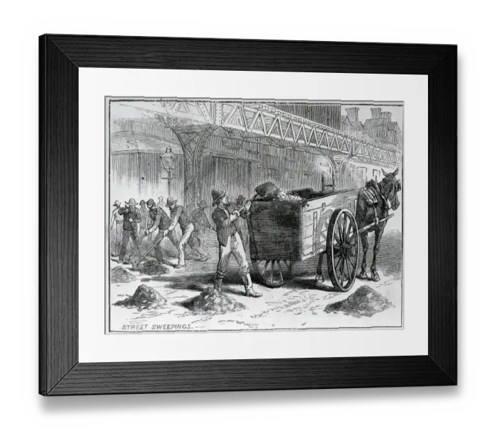Framed Print : Man Shovels Garbage Into Cart; Woodcut Framed Print : Man Shovels Garbage Into Cart; Woodcut