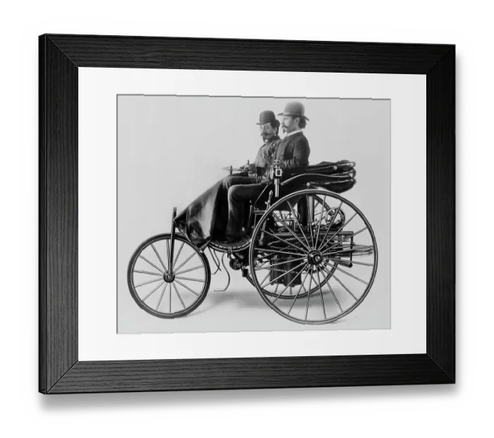 Framed Print : Inventor Karl Benz and Assistant in Early Motorwagen