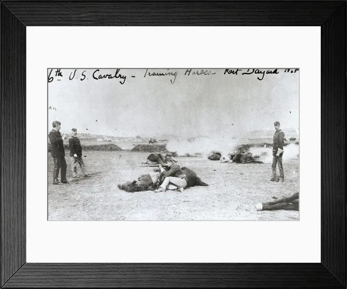 Framed Print : American Cavalry Men with Horses as Shields During Weapon Firing Framed Print : American Cavalry Men with Horses as Shields During Weapon Firing