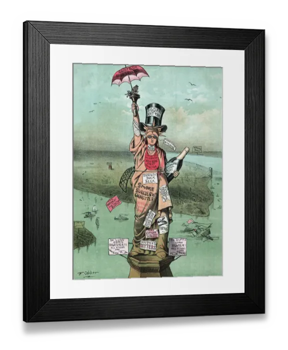Framed Print : Cartoon, Statue Of Liberty with Advertising Framed Print : Cartoon, Statue Of Liberty with Advertising