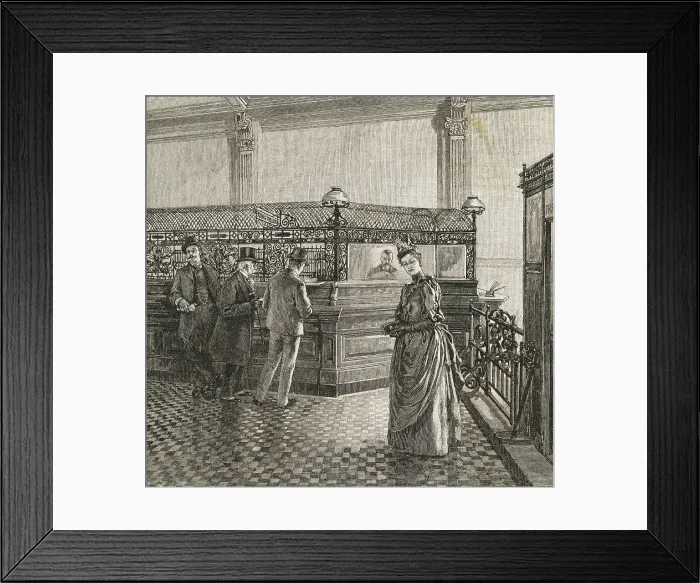 Framed Print : Interior of Early Bank with Customers Framed Print : Interior of Early Bank with Customers