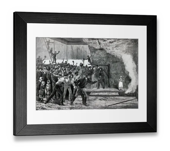 Framed Print : Engr.;Girl Lighting Furnace, Crowd Watche Framed Print : Engr.;Girl Lighting Furnace, Crowd Watche