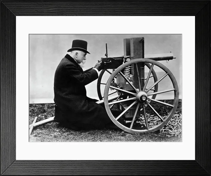 Framed Print : Sir Hiram Maxim with his Maxim Machine Gun Framed Print : Sir Hiram Maxim with his Maxim Machine Gun