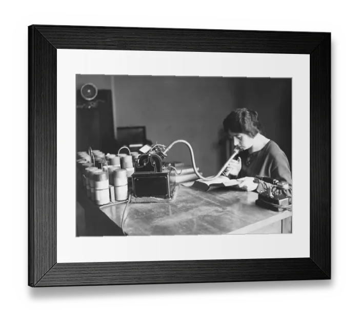 Framed Print : Woman Talking into Early Dictaphone Framed Print : Woman Talking into Early Dictaphone