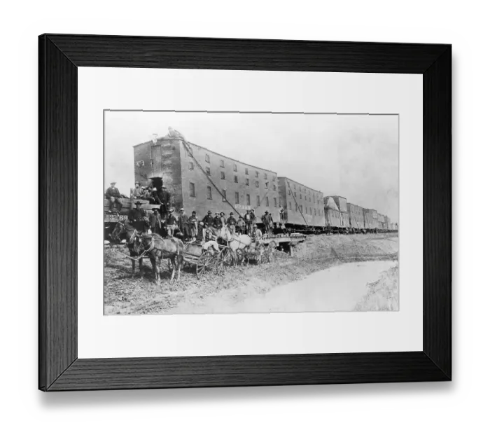 Framed Print : Men in Front of Dormitory Cars