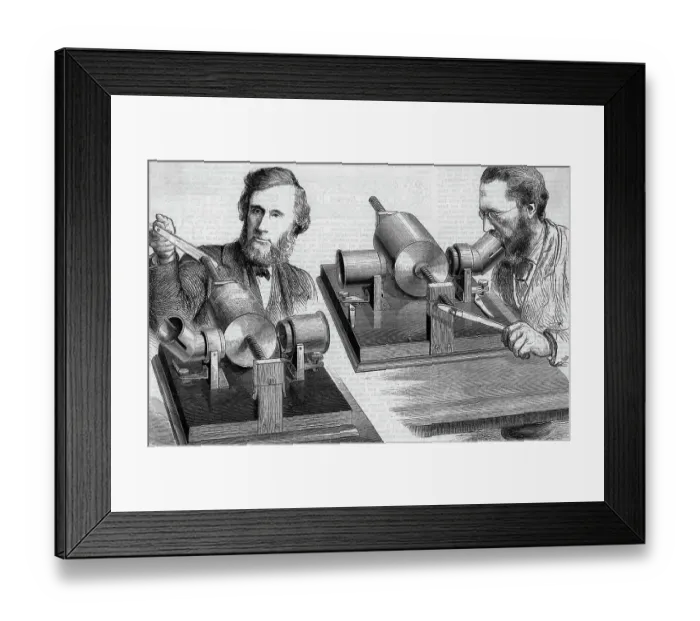 Framed Print : Engraving of John Tyndall and W.H. Preece Speaking into Phonograph Framed Print : Engraving of John Tyndall and W.H. Preece Speaking into Phonograph