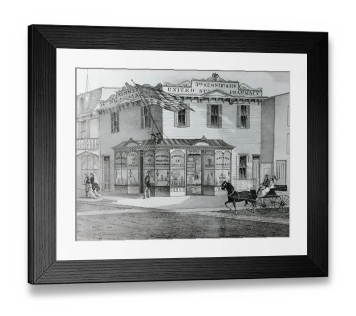 Framed Print : Lithograph Of Street Corner, Pharmacy Framed Print : Lithograph Of Street Corner, Pharmacy