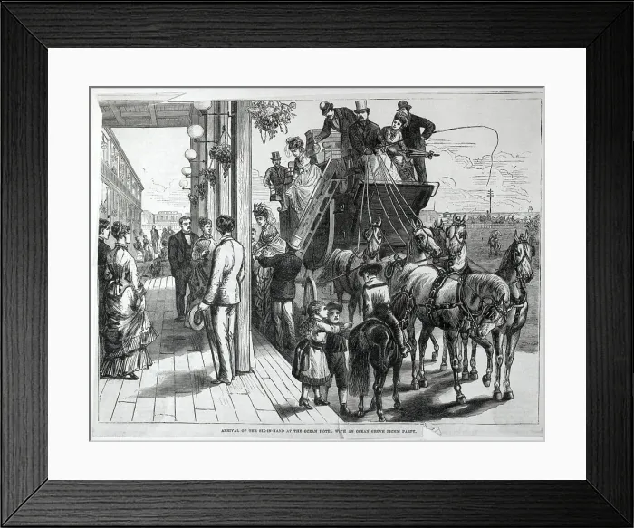 Framed Print : Woodcut; Stagecoach Arriving @ Hotel Framed Print : Woodcut; Stagecoach Arriving @ Hotel