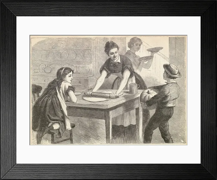 Framed Print : Women and Children Happily Preparing Thanksgiving Dinner