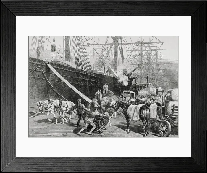 Framed Print : Dock Workers Loading Horse Drawn Goods to Ship Framed Print : Dock Workers Loading Horse Drawn Goods to Ship