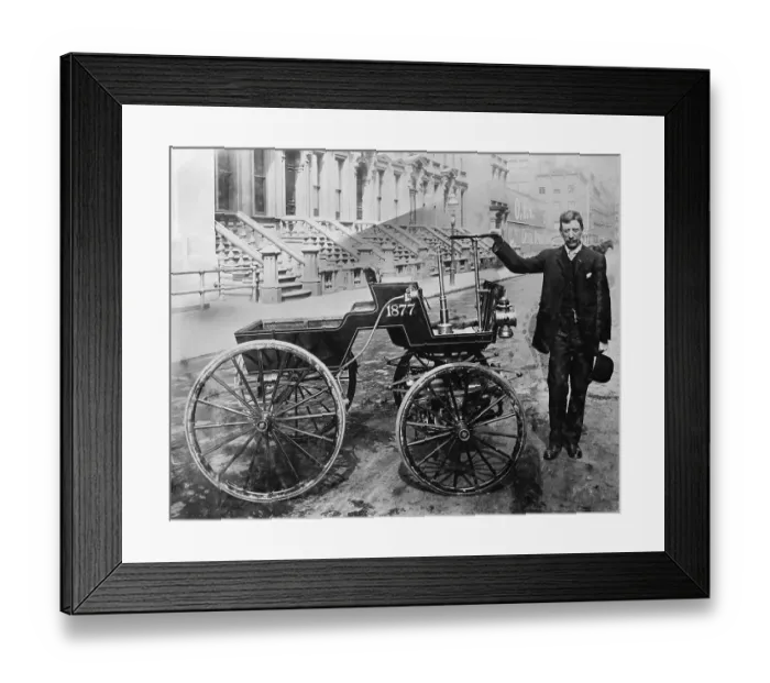 Framed Print : Man Standing with Original Selden Car Framed Print : Man Standing with Original Selden Car