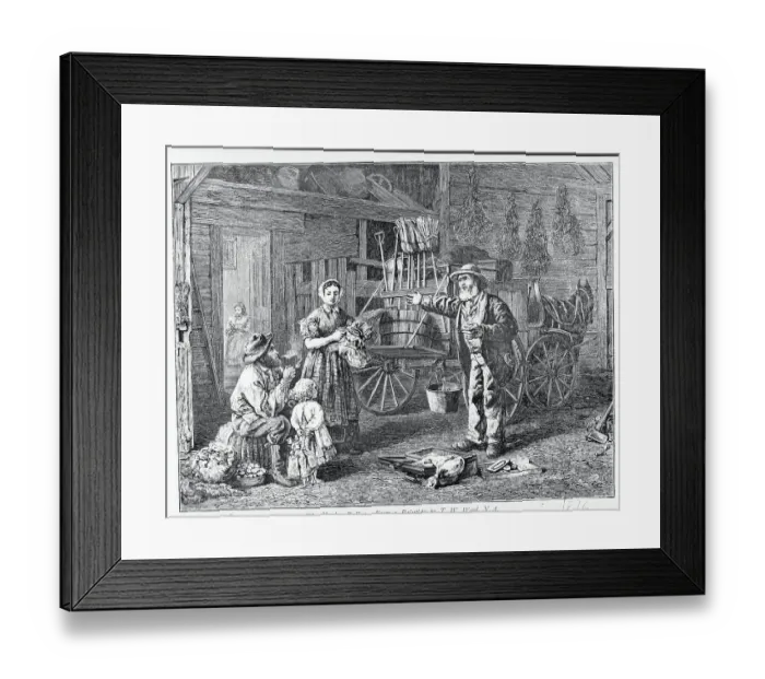 Framed Print : Woodcut Depicting a Yankee Peddler Selling His Goods Framed Print : Woodcut Depicting a Yankee Peddler Selling His Goods
