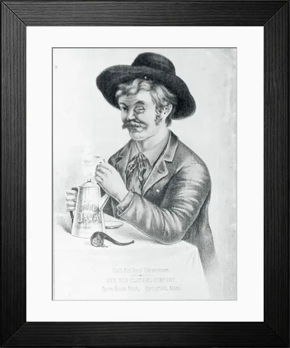 Framed Print : Man Preparing to Drink a Cup of Coffee from Pot Framed Print : Man Preparing to Drink a Cup of Coffee from Pot