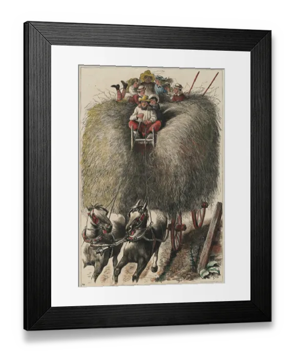 Framed Print : Farmers Riding Atop Hay on Horsedriven Wagon Framed Print : Farmers Riding Atop Hay on Horsedriven Wagon
