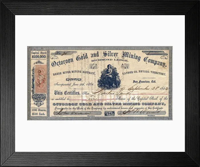 Framed Print : Octoroon Gold and Silver Mining Company Certificate Framed Print : Octoroon Gold and Silver Mining Company Certificate