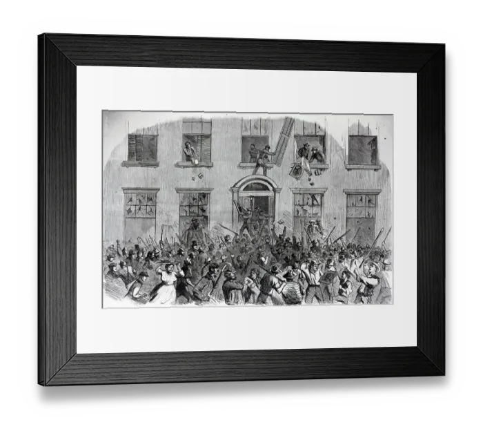 Framed Print : 19th-Century Print of Rioters Attacking Brownstones Framed Print : 19th-Century Print of Rioters Attacking Brownstones
