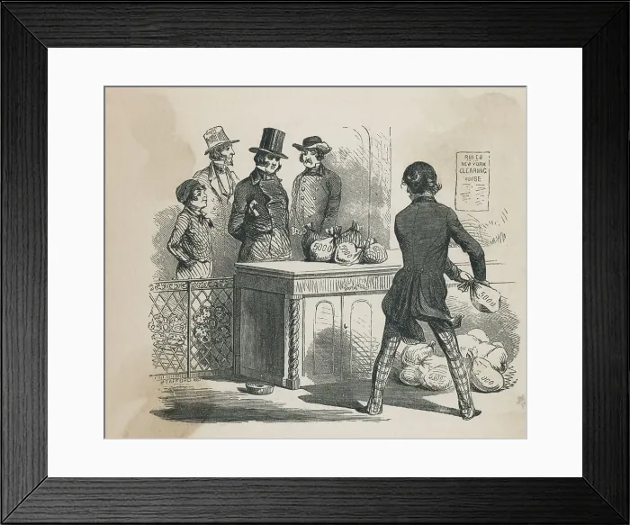 Framed Print : Bank Employee Distributing Bags of Money to Wealthy Client Framed Print : Bank Employee Distributing Bags of Money to Wealthy Client