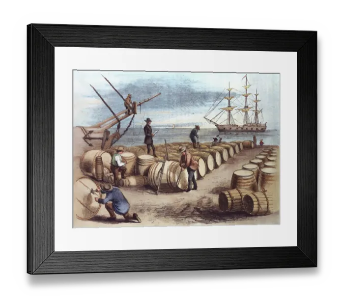 Framed Print : Color Print of Wharf Workers Measuring Whale Oil Content in Barrels Framed Print : Color Print of Wharf Workers Measuring Whale Oil Content in Barrels