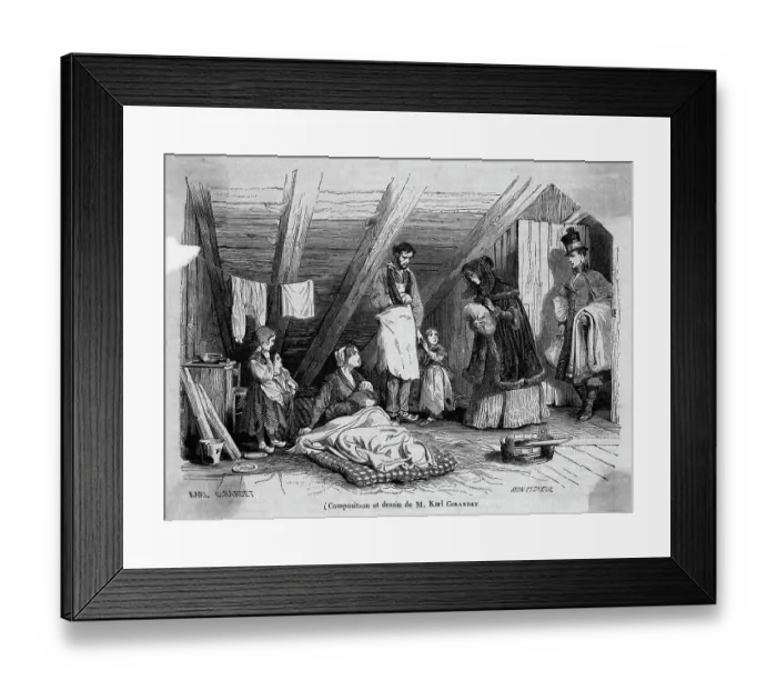 Framed Print : Poor Laborers Family Visited by Lady Framed Print : Poor Laborers Family Visited by Lady