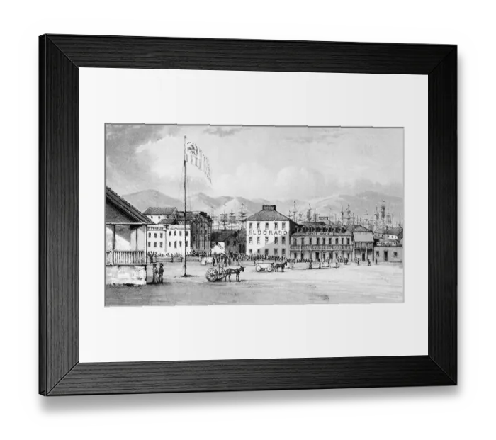 Framed Print : Horse Carriages and Pedestrians in Portsmouth Square Framed Print : Horse Carriages and Pedestrians in Portsmouth Square