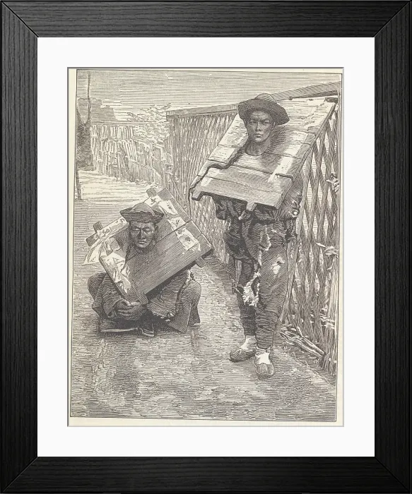 Framed Print : Judged Suspects Wearing Punishment Boards Framed Print : Judged Suspects Wearing Punishment Boards