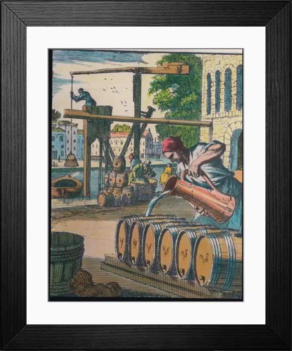 Framed Print : Beer Brewer Pouring His Concoction into Kegs