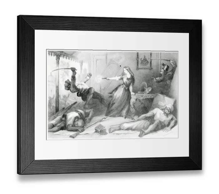 Framed Print : Lone Woman Using Gun on Sepoy Rebel with Sword Framed Print : Lone Woman Using Gun on Sepoy Rebel with Sword