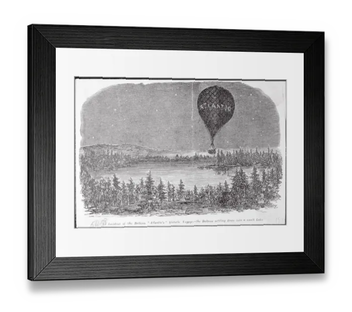 Framed Print : Early Balloon in Flight over Wooded Lake Area Framed Print : Early Balloon in Flight over Wooded Lake Area