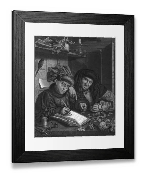 Framed Print : Early History Money Changer with His Deceitful Wife Framed Print : Early History Money Changer with His Deceitful Wife