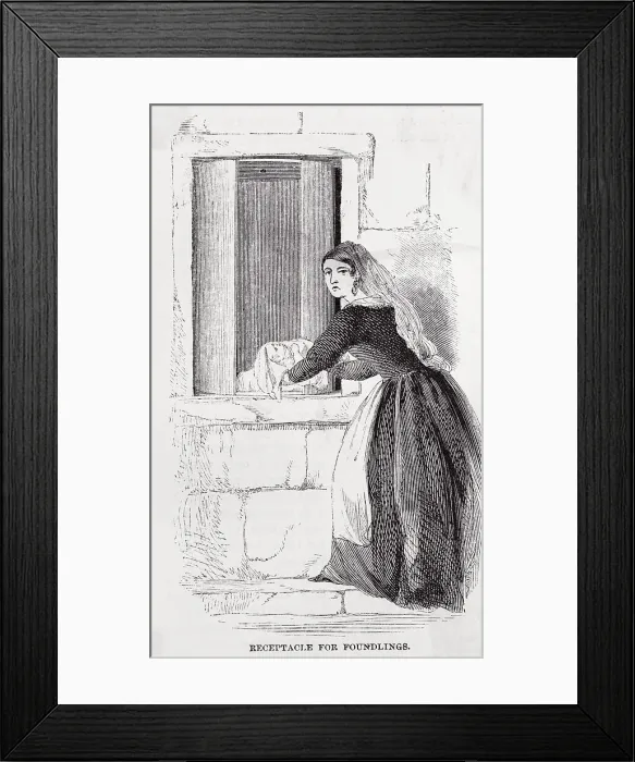 Framed Print : Woman Placing Child at Orphanage Door Framed Print : Woman Placing Child at Orphanage Door