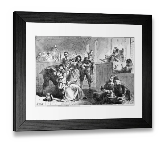 Framed Print : Engraving of a Suspect Fainting Before Judge During Witch Hunt Trial by Darley Framed Print : Engraving of a Suspect Fainting Before Judge During Witch Hunt Trial by Darley
