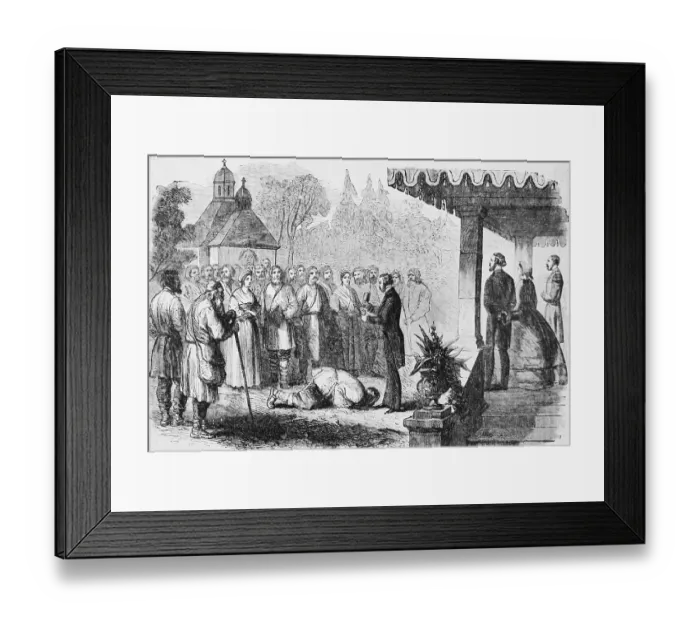 Framed Print : Officials with Serfs Receiving Their Freedom Framed Print : Officials with Serfs Receiving Their Freedom