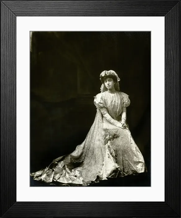 Framed Print : Woman Seated in Satin and Lace Wedding Gown Framed Print : Woman Seated in Satin and Lace Wedding Gown