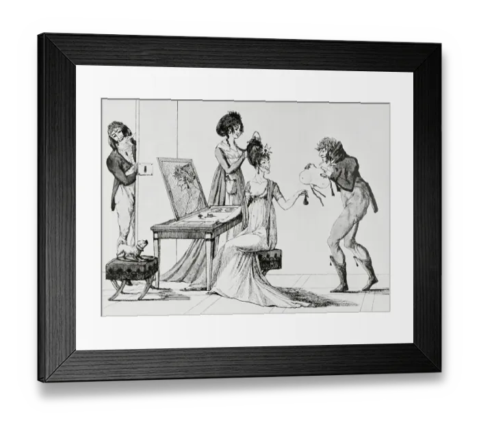Framed Print : Man Bringing False Costume Piece To Women Framed Print : Man Bringing False Costume Piece To Women